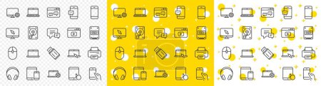 Illustration for Laptop, Tablet PC and Smartphone icons. Mobile device line icons. HDD, SSD and Flash drive. Headphones, Printer and tablet device. Mouse, ssd disk, mobile laptop. Memory hdd drive. Vector - Royalty Free Image