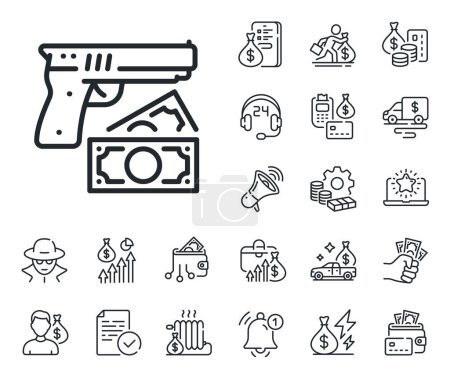 Illustration for Money fraud crime sign. Cash money, loan and mortgage outline icons. Robbery line icon. Thief with gun steal cash symbol. Robbery line sign. Credit card, crypto wallet icon. Vector - Royalty Free Image