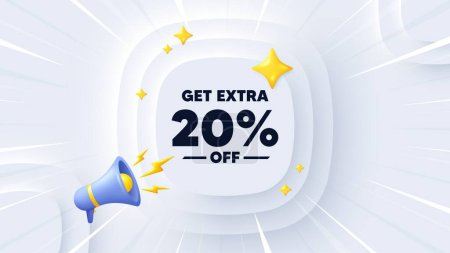 Illustration for Get Extra 20 percent off Sale. Neumorphic banner with sunburst. Discount offer price sign. Special offer symbol. Save 20 percentages. Extra discount message. Banner with 3d megaphone. Vector - Royalty Free Image