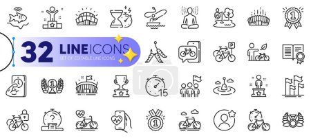 Illustration for Outline set of Diploma, Leadership and Timer line icons for web with Reward, Cardio bike, Quiz thin icon. Fitness, Winner, Success pictogram icon. Arena stadium, Yoga, Boat fishing. Vector - Royalty Free Image