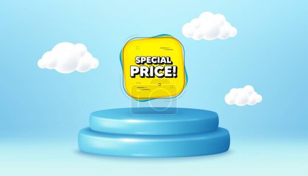Illustration for Special price sticker. Winner podium 3d base. Product offer pedestal. Discount banner shape. Sale coupon bubble icon. Special price promotion message. Background with 3d clouds. Vector - Royalty Free Image