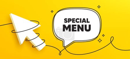 Illustration for Special menu tag. Continuous line chat banner. Kitchen food offer. Restaurant menu. Special menu speech bubble message. Wrapped 3d cursor icon. Vector - Royalty Free Image