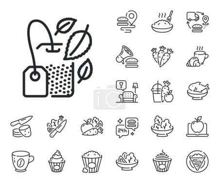 Illustration for Fresh herbal beverage sign. Crepe, sweet popcorn and salad outline icons. Mint Tea bag line icon. Mentha leaves symbol. Mint bag line sign. Pasta spaghetti, fresh juice icon. Supply chain. Vector - Royalty Free Image