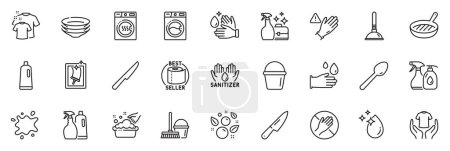 Illustration for Icons pack as Plunger, Hand washing and Table knife line icons for app include Bucket, Wash hands, Toilet paper outline thin icon web set. Washing machine, Dishes, Shampoo and spray pictogram. Vector - Royalty Free Image