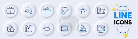 Illustration for Sale bags, Suit and Wallet line icons for web app. Pack of Lips, Shopping cart, Handbag pictogram icons. Baggage belt, Market, Furniture moving signs. Wallet money, T-shirt, Wash t-shirt. Vector - Royalty Free Image