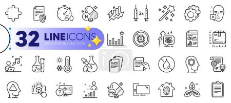 Illustration for Outline set of Consumption growth, Psychology and Hold document line icons for web with No waterproof, Stats, Face declined thin icon. Fair trade, Mental health, Music pictogram icon. Vector - Royalty Free Image