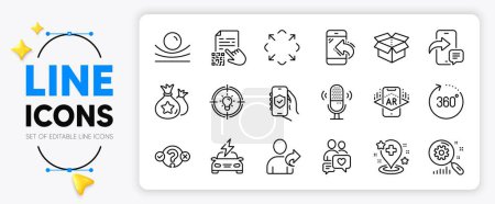Illustration for Microphone, Incoming call and Loyalty points line icons set for app include Car charging, Idea, Quiz test outline thin icon. Dating chat, Augmented reality, Refer friend pictogram icon. Vector - Royalty Free Image