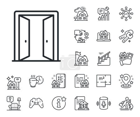 Illustration for Entrance doorway sign. Floor plan, stairs and lounge room outline icons. Open door line icon. Building exit symbol. Open door line sign. House mortgage, sell building icon. Real estate. Vector - Royalty Free Image