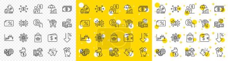 Illustration for Outline Fraud, Change money and Inflation line icons pack for web with Business person, Bitcoin system, Loan percent line icon. Discount banner, Bitcoin pay, Versatile pictogram icon. Vector - Royalty Free Image