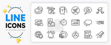 Illustration for Cash back, Website statistics and Timer line icons set for app include Reminder, Credit card, Startup outline thin icon. Talk bubble, Phone puzzle, Agreement document pictogram icon. Vector - Royalty Free Image