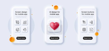 Illustration for Medical mask, Cpu processor and Settings blueprint line icons pack. 3d phone mockups with heart. Glass smartphone screen. Thoughts, Bromine mineral, Weather thermometer web icon. Vector - Royalty Free Image