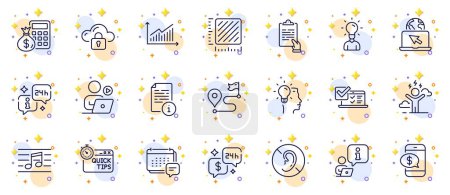 Illustration for Outline set of Cloud protection, Idea and Video conference line icons for web app. Include Phone payment, Musical note, Education pictogram icons. No hearing, Message, Journey signs. Vector - Royalty Free Image