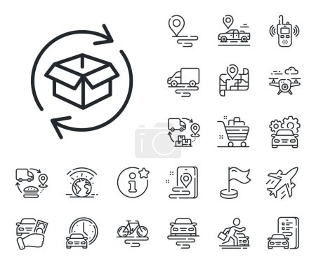 Illustration for Return parcel sign. Plane, supply chain and place location outline icons. Exchange of goods line icon. Package tracking symbol. Return parcel line sign. Taxi transport, rent a bike icon. Vector - Royalty Free Image