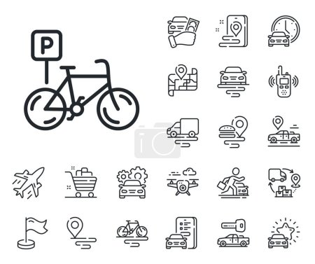 Illustration for Bike park sign. Plane, supply chain and place location outline icons. Bicycle parking line icon. Public transport place symbol. Bicycle parking line sign. Taxi transport, rent a bike icon. Vector - Royalty Free Image