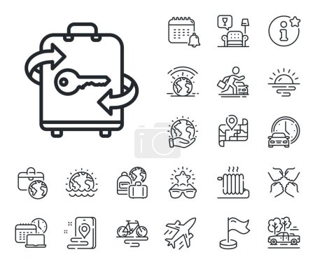 Illustration for Baggage Locker sign. Plane jet, travel map and baggage claim outline icons. Luggage room line icon. Travel service symbol. Luggage line sign. Car rental, taxi transport icon. Place location. Vector - Royalty Free Image