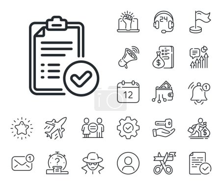 Illustration for Accepted document sign. Salaryman, gender equality and alert bell outline icons. Approved report line icon. Verification symbol. Approved report line sign. Spy or profile placeholder icon. Vector - Royalty Free Image