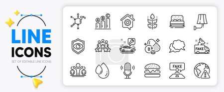 Illustration for Burger, Chemical formula and Gluten free line icons set for app include Oil drop, Work home, Internet warning outline thin icon. Business meeting, Fake news, Car service pictogram icon. Vector - Royalty Free Image