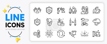 Illustration for Vaccine announcement, Bicycle helmet and Aroma candle line icons set for app include Face id, Electronic thermometer, Medical mask outline thin icon. Clean hands, Ph neutral. Vector - Royalty Free Image