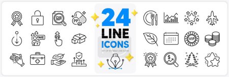 Illustration for Icons set of Star, Winner ribbon and Lock line icons pack for app with Clapping hands, Scroll down, Dish thin outline icon. Fake internet, Infochart, Plane pictogram. Loyalty award. Vector - Royalty Free Image