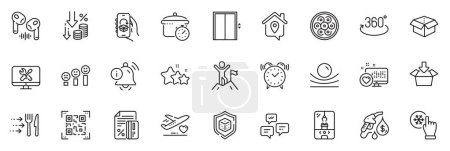 Illustration for Icons pack as Food delivery, Credit card and Qr code line icons for app include Chat messages, Stars, Information bell outline thin icon web set. Delivery app, Heart, Open box pictogram. Vector - Royalty Free Image