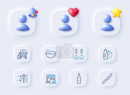 Illustration for Wine bottle, Food market and Gas grill line icons. Placeholder with 3d bell, star, heart. Pack of Table knife, Cooking mix, Fitness water icon. Cooking cutlery, Food delivery pictogram. Vector - Royalty Free Image
