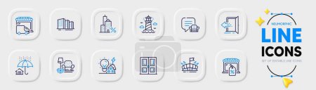 Illustration for Delivery truck, Market sale and Door line icons for web app. Pack of Lighthouse, Lounge place, Packing things pictogram icons. Entrance, Mortgage, Buildings signs. Building energy, Arena. Vector - Royalty Free Image