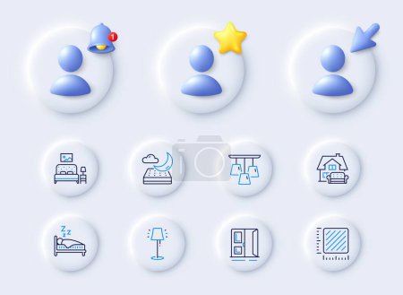 Illustration for Night mattress, Furniture moving and Stand lamp line icons. Placeholder with 3d cursor, bell, star. Pack of Square meter, Open door, Sleep icon. Furniture, Ceiling lamp pictogram. Vector - Royalty Free Image
