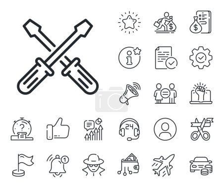Repair service sign. Salaryman, gender equality and alert bell outline icons. Screwdriver line icon. Fix instruments symbol. Screwdriverl line sign. Spy or profile placeholder icon. Vector