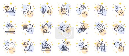 Illustration for Outline set of Meditation eye, Leadership and Social distance line icons for web app. Include Group people, Business podium, Life insurance pictogram icons. Loan, Chef, Yoga music signs. Vector - Royalty Free Image