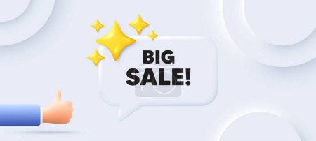 Illustration for Big Sale tag. Neumorphic background with chat speech bubble. Special offer price sign. Advertising Discounts symbol. Big sale speech message. Banner with like hand. Vector - Royalty Free Image