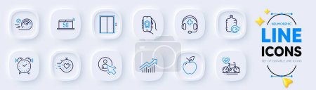 Illustration for Demand curve, Medical support and Speedometer line icons for web app. Pack of Alarm clock, Lift, 5g notebook pictogram icons. Timer, User, Award app signs. Refill water, Cardio bike, Apple. Vector - Royalty Free Image
