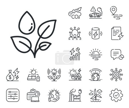 Illustration for Leaves dew sign. Energy, Co2 exhaust and solar panel outline icons. Plants watering line icon. Environmental care symbol. Plants watering line sign. Eco electric or wind power icon. Vector - Royalty Free Image