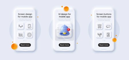 Illustration for Balance, Mobile finance and Dot plot line icons pack. 3d phone mockups with bell alert. Glass smartphone screen. Chemistry pipette, Ranking star, Recovery phone web icon. Vector - Royalty Free Image