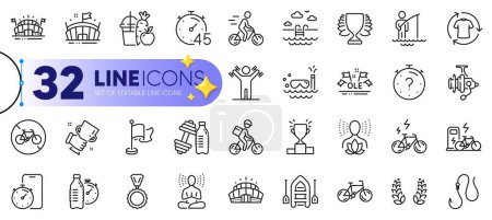Illustration for Outline set of Winner podium, Fishing reel and Winner cup line icons for web with Bicycle prohibited, Cyclist, Yoga balance thin icon. Hook, Timer, Delivery bike pictogram icon. Bicycle. Vector - Royalty Free Image