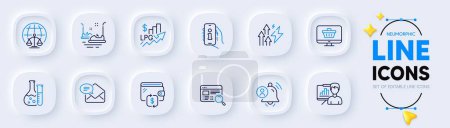 Illustration for Bumper cars, Magistrates court and Support line icons for web app. Pack of Presentation board, Rise price, Web shop pictogram icons. New mail, Website search, Wallet signs. Chemistry lab. Vector - Royalty Free Image