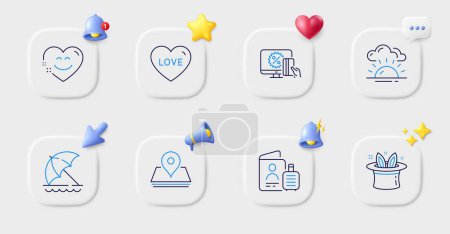 Illustration for Sunset, Love and Passport line icons. Buttons with 3d bell, chat speech, cursor. Pack of Pin, Online shopping, Beach umbrella icon. Hat-trick, Smile chat pictogram. For web app, printing. Vector - Royalty Free Image