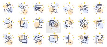 Illustration for Outline set of Bacteria, Refrigerator and Confirmed line icons for web app. Include Blog, Video conference, Web timer pictogram icons. Chemistry lab, Factory, Phone warning signs. Vector - Royalty Free Image