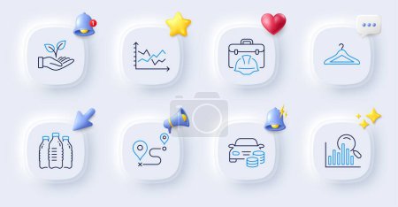 Illustration for Diagram chart, Journey and Cloakroom line icons. Buttons with 3d bell, chat speech, cursor. Pack of Construction toolbox, Helping hand, Search icon. Water bottles, Buy car pictogram. Vector - Royalty Free Image