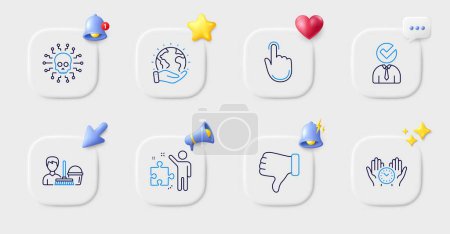 Illustration for Vacancy, Cyber attack and Safe time line icons. Buttons with 3d bell, chat speech, cursor. Pack of Cleaning service, Dislike hand, Hand click icon. Strategy, Save planet pictogram. Vector - Royalty Free Image