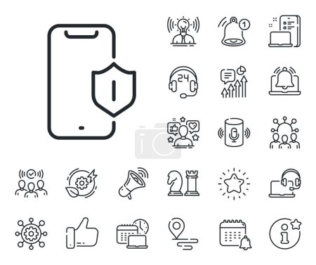 Illustration for Phone shield sign. Place location, technology and smart speaker outline icons. Smartphone protection line icon. Mobile device symbol. Smartphone protection line sign. Vector - Royalty Free Image