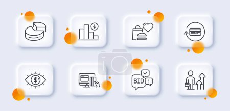 Illustration for Business results, Bid offer and Business vision line icons pack. 3d glass buttons with blurred circles. Refund commission, Decreasing graph, Online payment web icon. Vector - Royalty Free Image