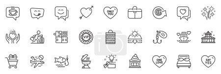 Ilustración de Los iconos del paquete como corazón, protección solar y los iconos de la línea de helados para la aplicación incluyen Circus, One love, Shopping bag outline thin icon web set. Almohadas, parrilla, pictograma de café. Retraso. Vector - Imagen libre de derechos