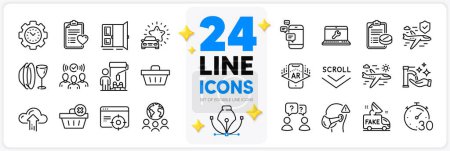 Illustration for Icons set of Washing hands, Communication and Laptop repair line icons pack for app with Timer, Airplane travel, Global business thin outline icon. Augmented reality, Shopping basket. Vector - Royalty Free Image
