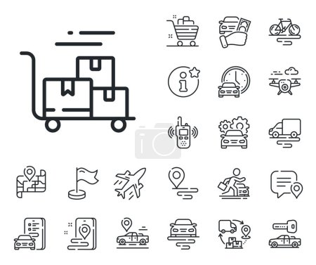 Illustration for Parcel trolley sign. Plane, supply chain and place location outline icons. Delivery cart line icon. Express service symbol. Delivery cart line sign. Taxi transport, rent a bike icon. Vector - Royalty Free Image