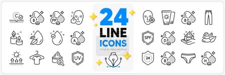 Illustration for Icons set of Aroma candle, Uv protection and Niacin line icons pack for app with Vitamin e, Moisturizing cream, Sun protection thin outline icon. Vitamin a, T-shirt, Healthy face pictogram. Vector - Royalty Free Image