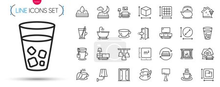 Illustration for Pack of Tea cup, Furniture moving and Mattress line icons. Include Furniture, Dresser, Open door pictogram icons. Teapot, Night mattress, Fireplace signs. Tea, Street light, Floor plan. Vector - Royalty Free Image