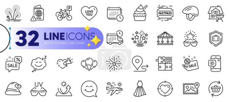 Illustration for Outline set of Home grill, Carousels and Weather phone line icons for web with Refresh cart, Love you, Sunglasses thin icon. Passport warning, Bicycle parking, Fireworks stars pictogram icon. Vector - Royalty Free Image