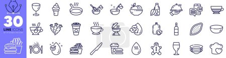 Illustration for Frying pan, Carrots and Takeaway coffee line icons pack. Ice cream, Brandy bottle, Glass web icon. Food app, Grill, Cooking whisk pictogram. Fast food, Cooking water, Gingerbread man. Vector - Royalty Free Image