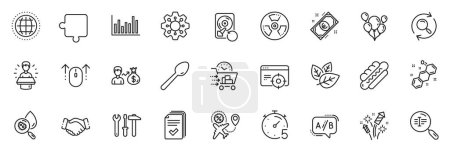 Illustration for Icons pack as Salary, Chemical hazard and Handshake line icons for app include Seo targeting, Spoon, Bar diagram outline thin icon web set. Puzzle, Brand ambassador, Timer pictogram. Vector - Royalty Free Image