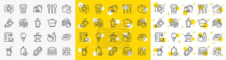 Ilustración de Esquema de Pan, Helado y la línea de entrega de alimentos iconos pack para la web con Burger, Café, Latte icono de línea. Máquina de café, cacahuete, icono pictograma de alimentos. Grill, Cocktail, Refill water. Vector - Imagen libre de derechos
